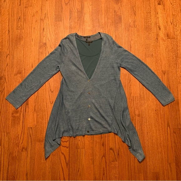 Eileen Fisher Linen Button Up Asymmetrical Cardigan Sweater with Silk Tank Top - Picture 1 of 16